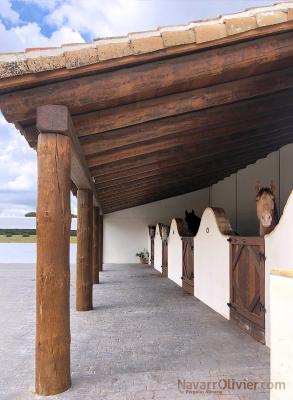 Cubierta rústica de troncos para cuadra de caballos