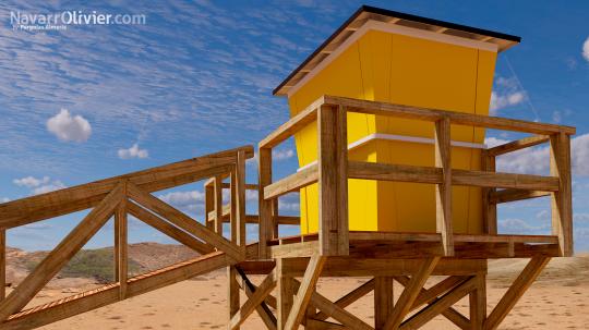 Caseta de madera sobre torre de vigilancia para playas