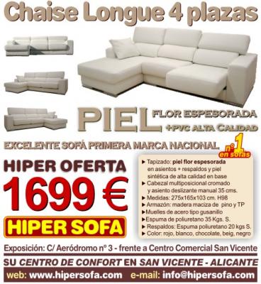 Sofá Chaise Longue Piel Flor 4 plazas 1ª marca nacional - Hipersofa