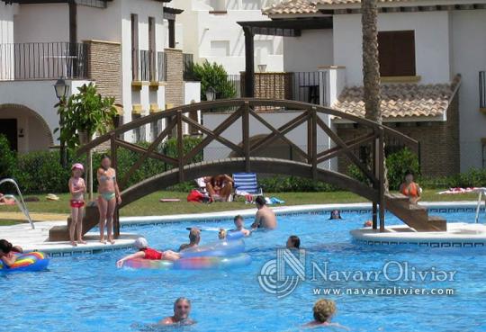 puente de madera sobre piscina