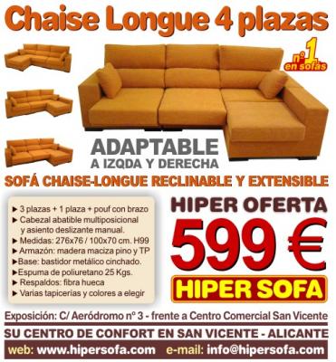 Sofá Chaise Longue 4 plazas reclinable y extensible - Hipersofa