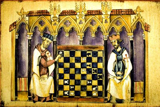 TEMPLARIOS JUGANDO AL AJEDREZ. TABLAS PINTADAS A MANO CON MOTIVOS MEDIEVALES.WWW.ELTALLERDESARIN.COM