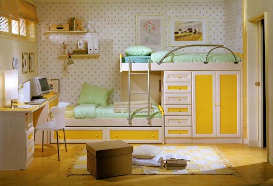 dormitorio juvenil pino dkp y amarillo