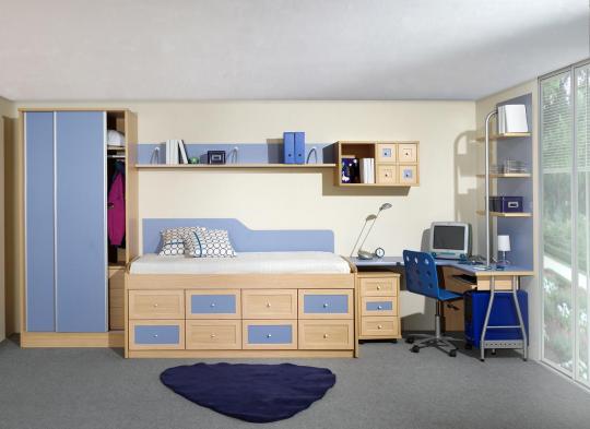 dormitorio juvenil haya natural y azul