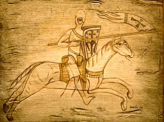 EL TALLER DE SARÍN EN PONFERRADA. CABALLERO TEMPLARIO . TABLA PINTADA A MANO