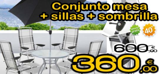Conjunto de jardín mesa + 4 sillas + sombrilla