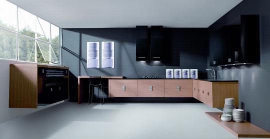 Aran rechapado ocre combinado con aran negro alto brillo de muebles suspendidos - © CUINDEC, SL