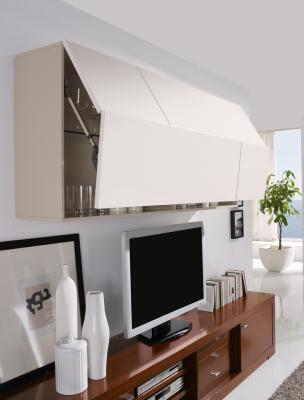Mesa TV con modulo de colgar en color nogal y blanco perla