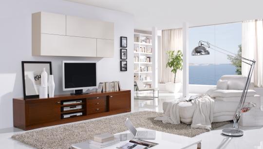 Mesa TV con modulo de colgar en color nogal y blanco perla