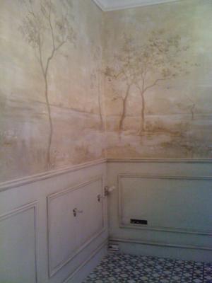 salón paisaje2.-Mural pintado a mano directamente sobre pared, pintura lavable