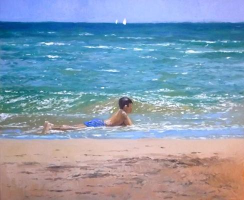  niño en una playa de valencia, oleo sobre lienzo
