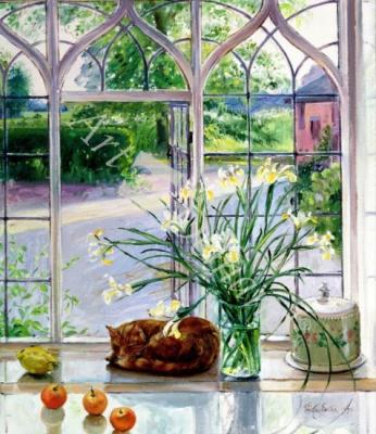 láminas y lienzos de  Irises and Sleeping Cat, 1990