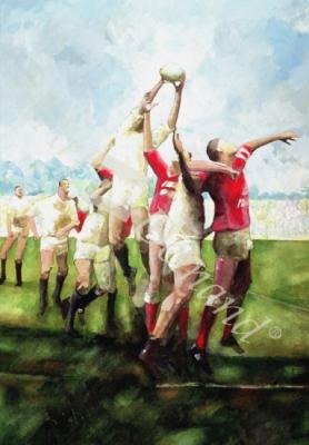 láminas y lienzos de  Rugby Match: Llanelli v Swansea, Line Out, 1992 (w/c)