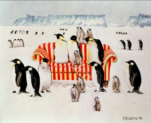 láminas y lienzos de Penguins on a red and white sofa, 1994 (acrylic)