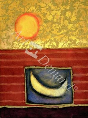 láminas y lienzos de  The Sun Rises While the Moon Sleeps, 1990 (mixed media on