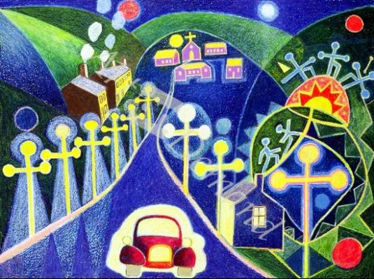 láminas y lienzos de  Mystical Village, 1985 (oil pastel on paper)