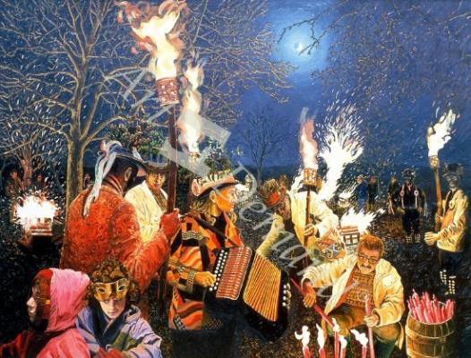 láminas y lienzos de  Wassailing in Herefordshire, 1995 (oil on board)