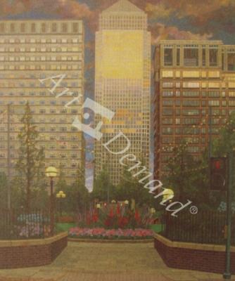 láminas y lienzos de  Canary Wharf at Twilight, 1992 (oil on canvas)