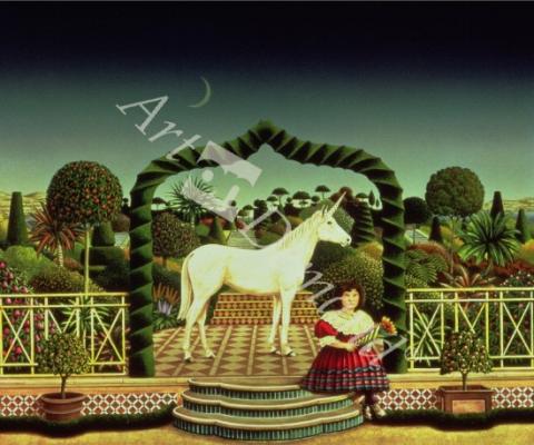 láminas y lienzos de  Girl with a Unicorn, 1980 (acrylic on board)
