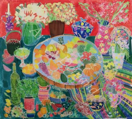 láminas y lienzos de  Guatemalan Table, 1995 (coloured inks on silk)