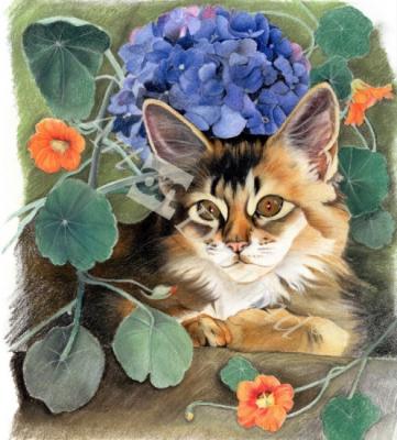láminas y lienzos de  Sootsy with Hydrangea (pastel on paper)