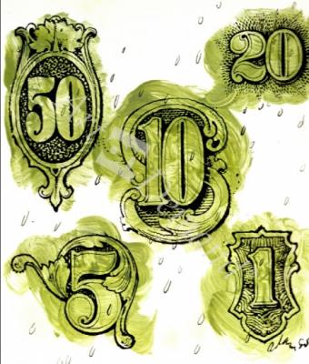 láminas y lienzos de  Dollars (ink & w/c on paper)