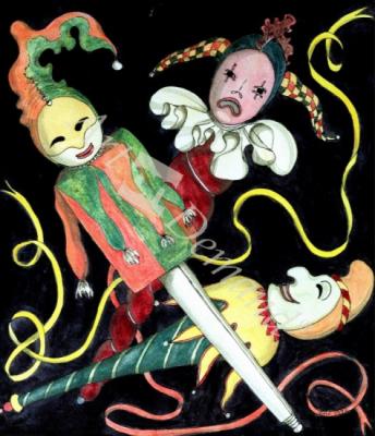 láminas y lienzos de  The Jester s Puppets (w/c on paper)