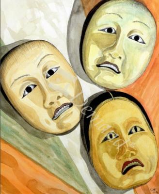 láminas y lienzos de  Oriental Masks (pen & ink and w/c on paper)