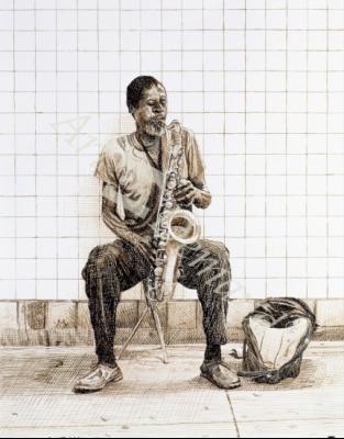 láminas y lienzos de  Subway Saxophone, 1998 (ink on paper)
