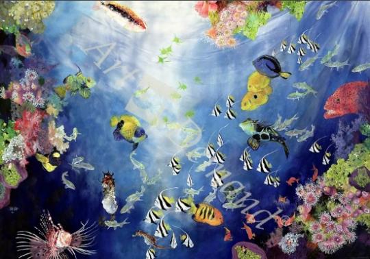 láminas y lienzos de  Underwater World, 1998 (acrylic and pencil crayon on can