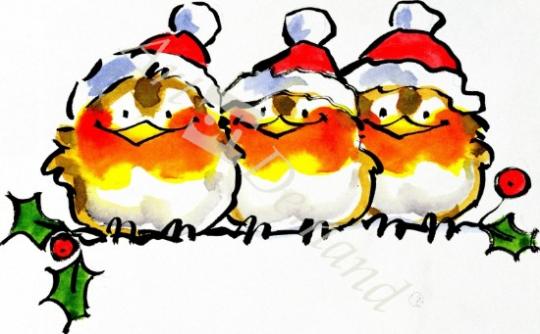 láminas y lienzos de  Christmas Robins (ink and w/c on paper)