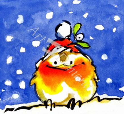 láminas y lienzos de  Christmas Robin (w/c and ink on paper)