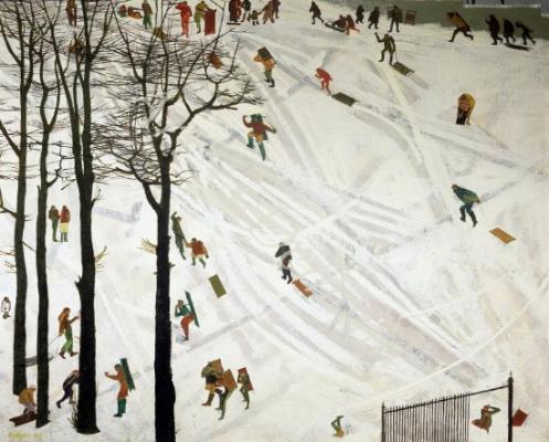 láminas y lienzos de  Sledging in Peel Park, Kirkintilloch, 1962 (oil on canva