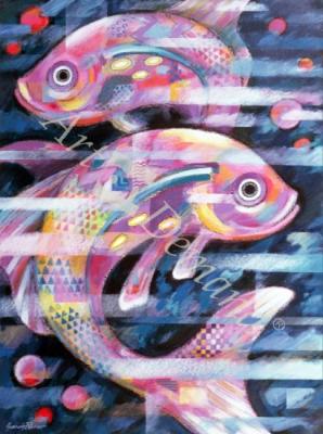 láminas y lienzos de Fishstream (acrylic and oil pastel on paper)