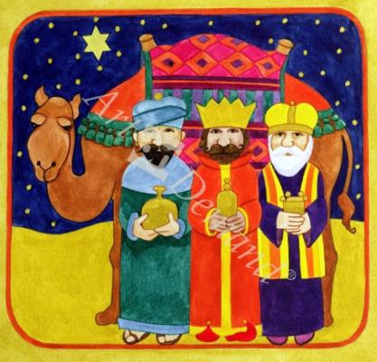 láminas y lienzos de Three Kings and Camel (gouache on paper)