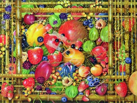 láminas y lienzos de  Fruit in Bamboo Box, 1999 (acrylic on canvas)