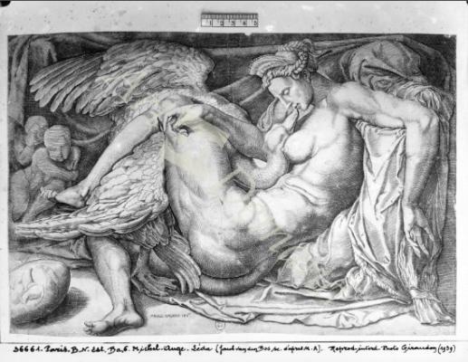 láminas y lienzos de  Leda, engraved by Jacobus Bos, Boss or Bossius (b.c.1520) (b/w photo)