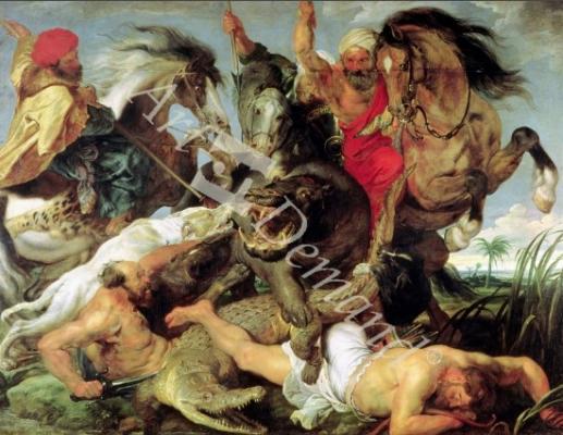 láminas y lienzos de Hippopotamus and Crocodile Hunt, c.1615-16 (oil on canvas) (see 170972 for detail)