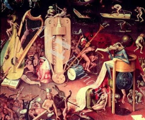 láminas y lienzos de  The Garden of Earthly Delights: Hell, detail from the right wing of the triptych, c.1500 (oil on panel) (see 322 and 3425)