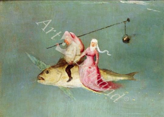 láminas y lienzos de  The Temptation of St. Anthony, right hand panel, detail of a couple riding a fish (oil on panel) (see 35965)