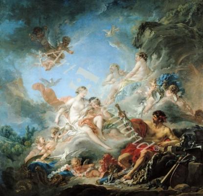 láminas y lienzos de  The Forge of Vulcan, or Vulcan presenting arms for Aeneas to Venus, tapestry cartoon, 1757 (oil on canvas)