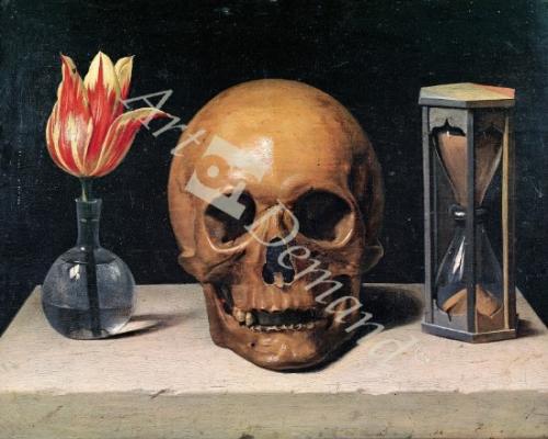 láminas y lienzos de Vanitas Still Life with a Tulip, Skull and Hour-Glass (oil on panel)