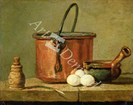 láminas y lienzos de Still Life of Cooking Utensils, Cauldron, Frying Pan and Eggs (oil on canvas)