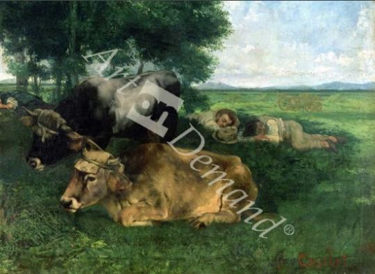 láminas y lienzos de La Siesta Pendant la saison des foins (and detail of animals sleeping under a tree), 1867, (oil on canvas)