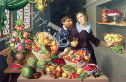 láminas y lienzos de Man and Woman Before a Table Laid with Fruits and Vegetables