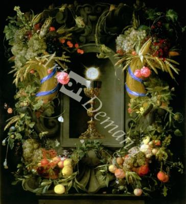 láminas y lienzos de Communion cup and host, encircled with a garland of fruit