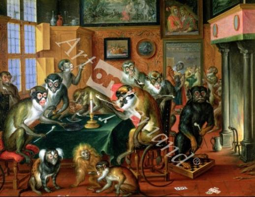 láminas y lienzos de The Smoking Room with Monkeys (oil on copper)