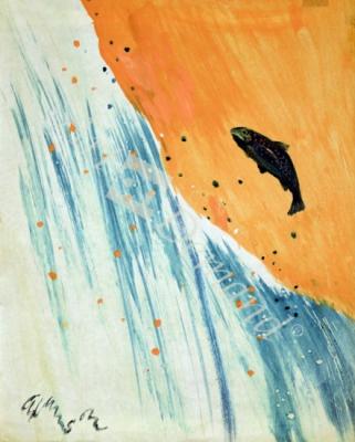 láminas y lienzos de Salmon Leap (gouache on paper)
