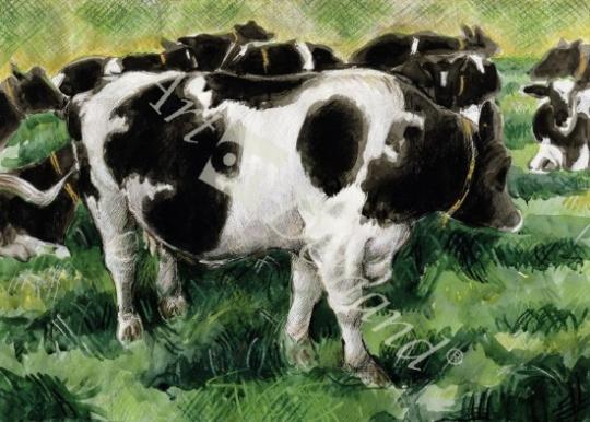 láminas y lienzos de Friesian Cows (w/c)