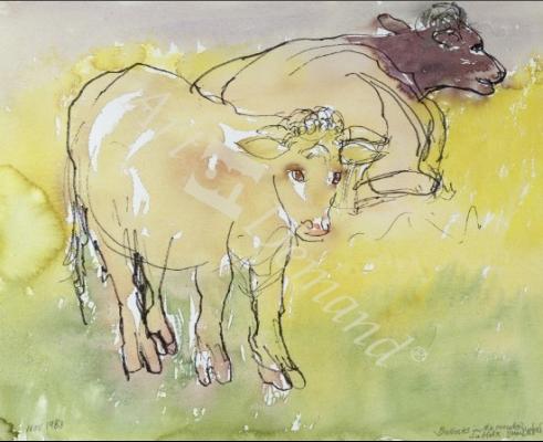 láminas y lienzos de Young Bullocks in the Meadow, 1983 (pen & ink with w/c o